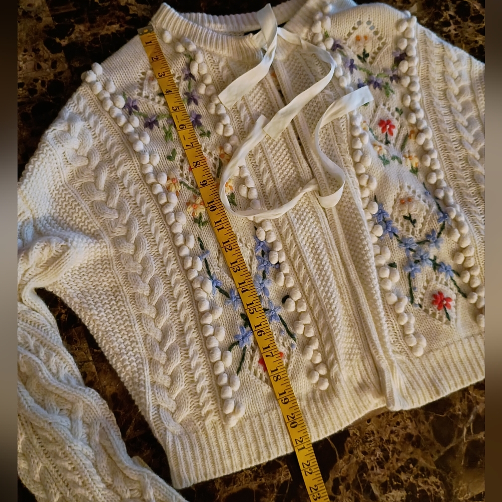 Polo Ralph Lauren Embroidered Floral Chunky Cable Knit Wool Cardigan Sweater - Picture 15 of 16